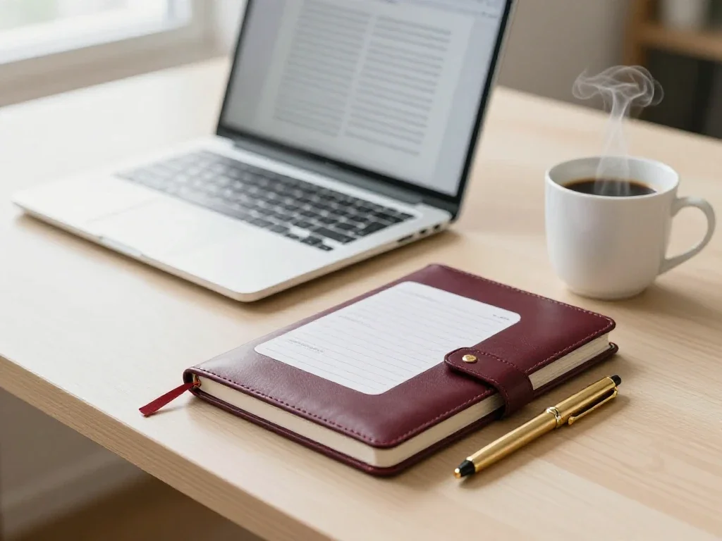 Bureau lumineux avec un carnet ouvert et un café, illustrant une approche pluridisciplinaire et ordonnée.
