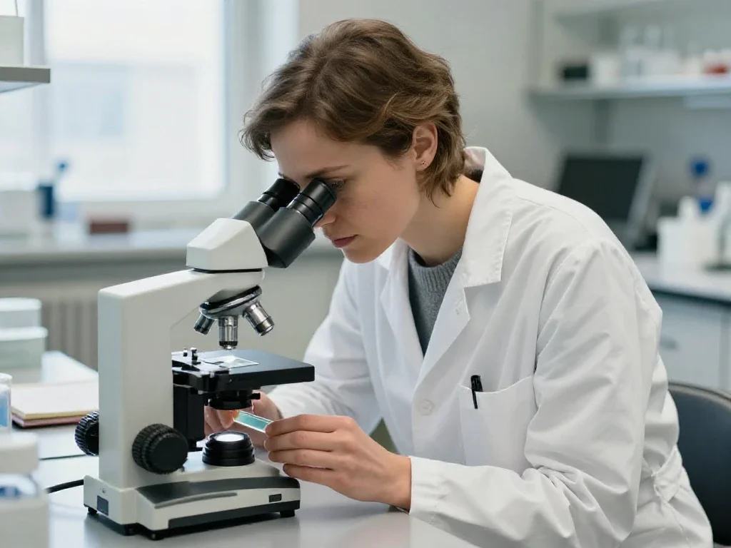 Chercheuse européenne analysant un échantillon pour illustrer une approche scientifique et généraliste de la compréhension.